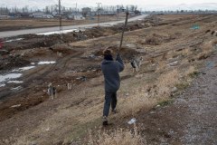 Van, Türkiye, 15 Aralık 2019. Sıhke Göleti civarındaki sağlıksız ortam, insanlarla köpekler arasında sorunlu bir ilişki yaratıyor. Şehrin hem hayvan hem de insan sağlığı açısından en problemli alanlarından biri burasıdır. Yüzlerce sokak köpeğine de ev sahipliği yapan bölgede birçok mezbaha, izinsiz kesim alanları, hayvan pazarı, ahırlar ve kent çöplüğü ile toplu konutlar bulunmaktadır. Köpekler çoğunlukla açık alanda kesilen hayvanlardan kalanlarla beslenir.